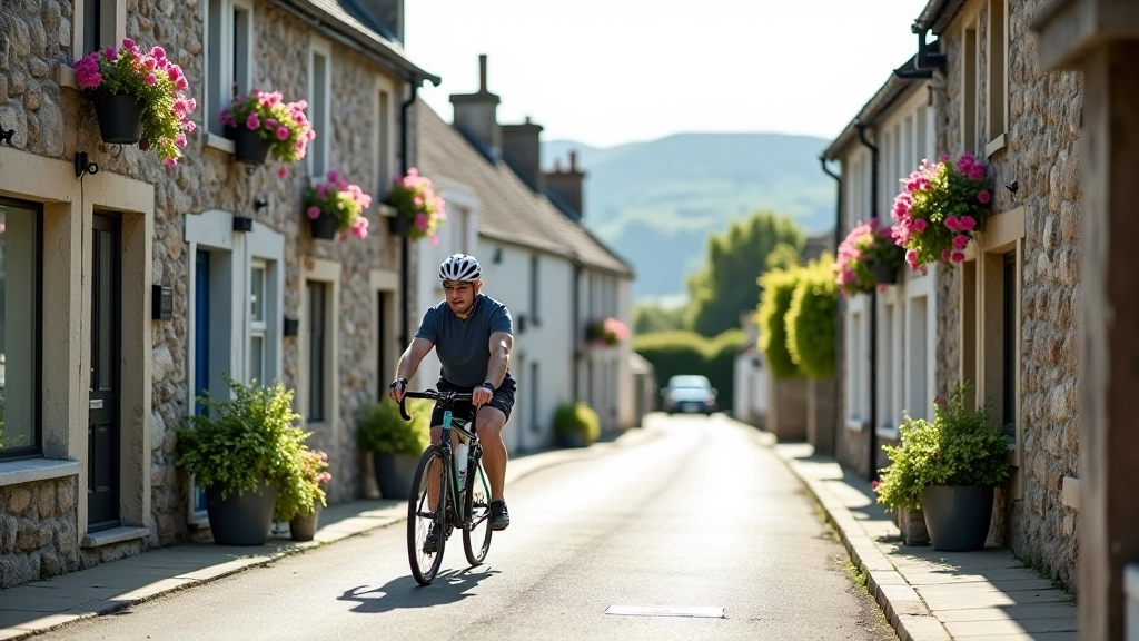 Peaceful village main street with cycling-friendly infrastructure and local architecture