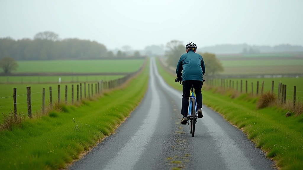 Well-maintained paved cycling path through green pasture landscape with clear blue sky